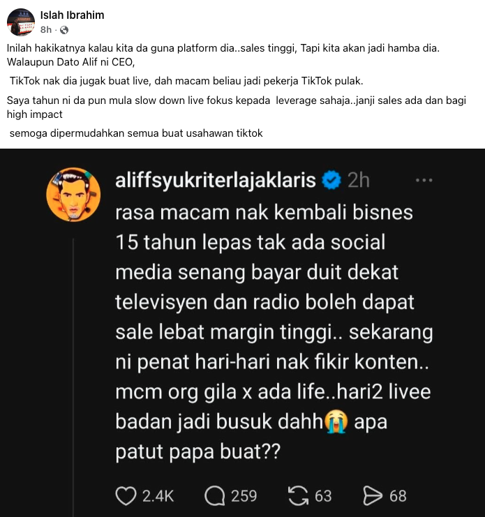 Aliff Syukri dan Islah Ibrahim berkongsi pandangan tentang kepenatan bergantung pada TikTok untuk bisnes, screenshot Facebook 2025